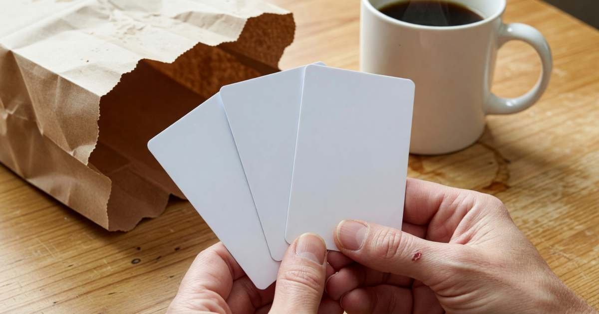 Close-up of hands fanning out three blank plastic gift cards on a kitchen table next to a grocery bag, illustrating buying grocery gift cards with cashback in Canada.
