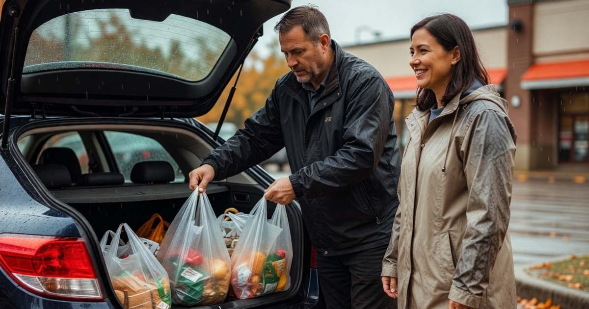 A store employee loading bagged groceries into the trunk of a customer's car at a curbside pickup spot, illustrating grocery pickup vs in-store shopping in Canada.