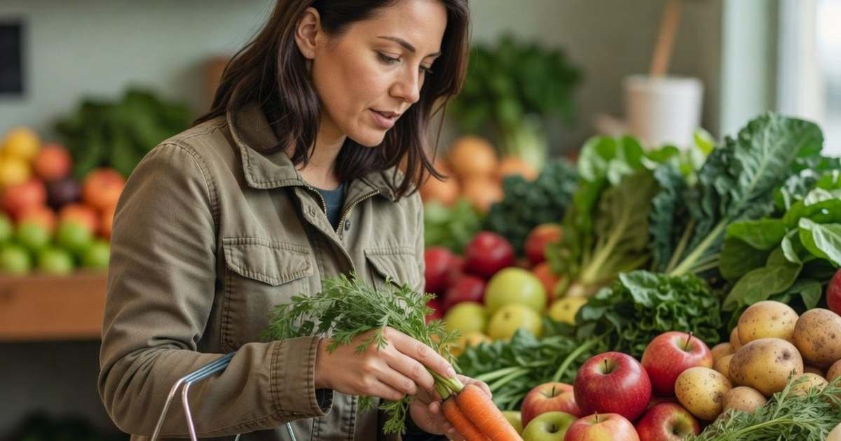 A shopper compares produce in a Canadian grocery store with a basket on her arm, illustrating ways to cut the grocery bill in Canada.