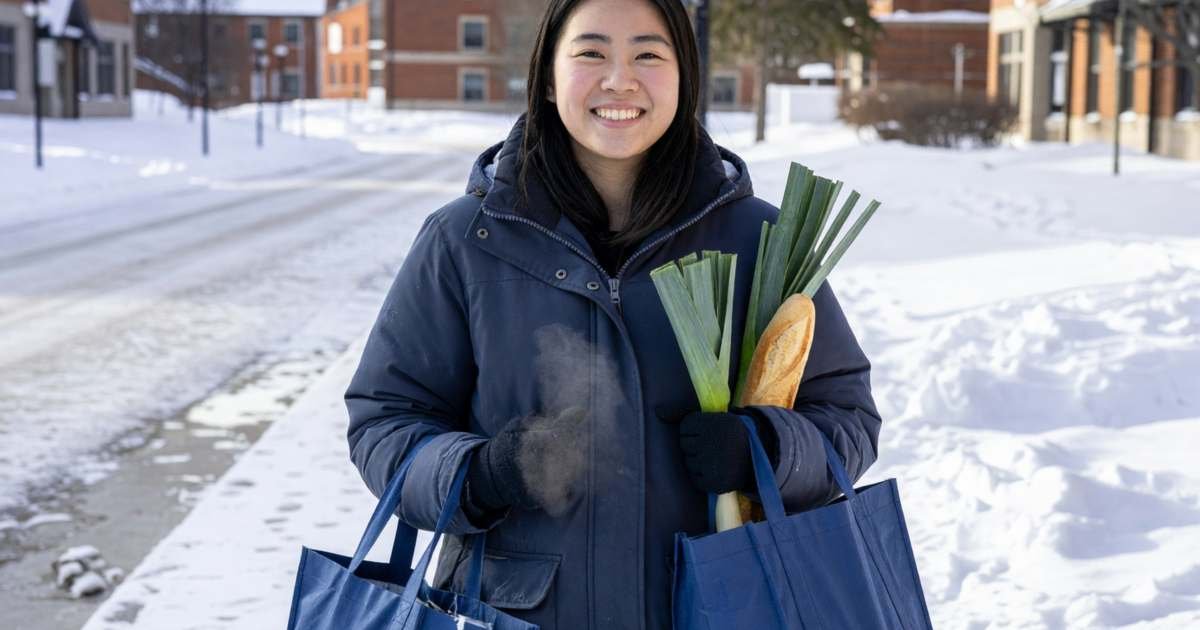 An international student in a winter coat carrying two full grocery bags along a snowy sidewalk, illustrating grocery tips for international students in Canada.