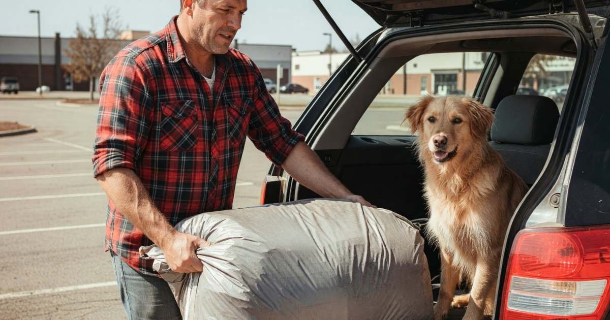 A man in a warehouse store parking lot lifting a big bag of dog food into his car trunk while his dog watches from the back seat, illustrating group and membership pet insurance offers in Canada.