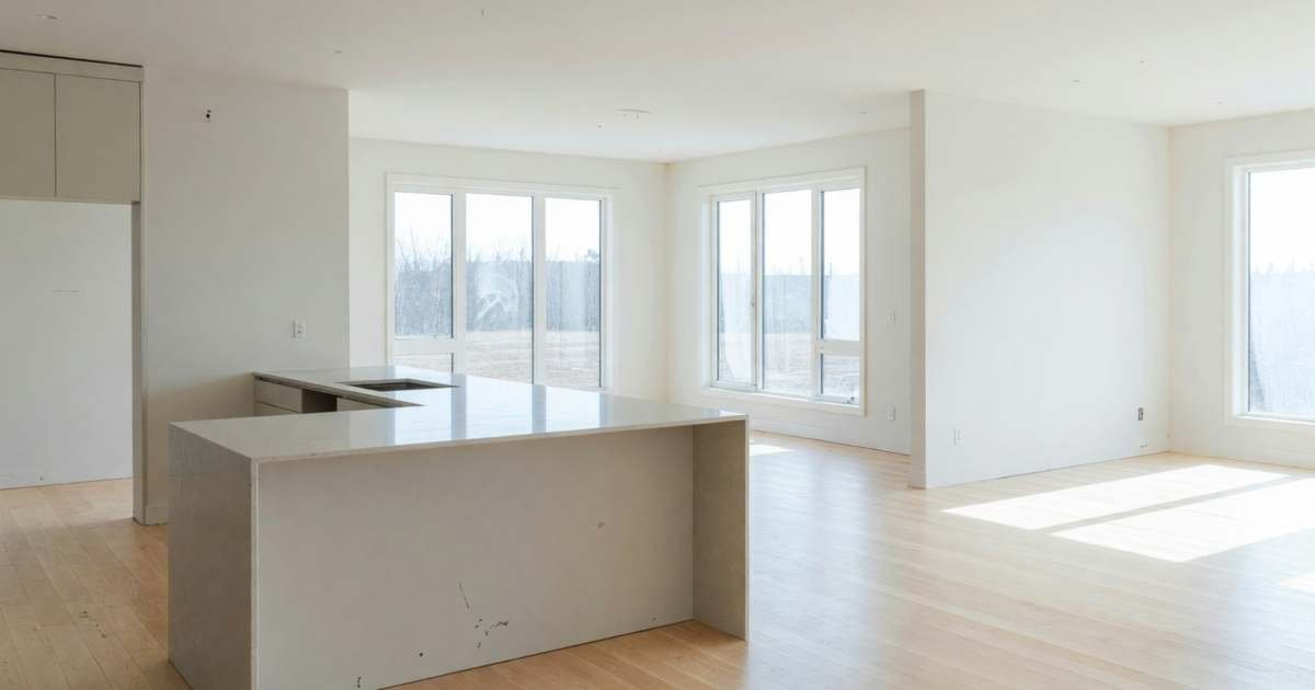 The bright open-plan main floor of a brand-new home, empty, with a kitchen island and light wood floors, illustrating GST/HST new housing rebates for first-time buyers in Canada.