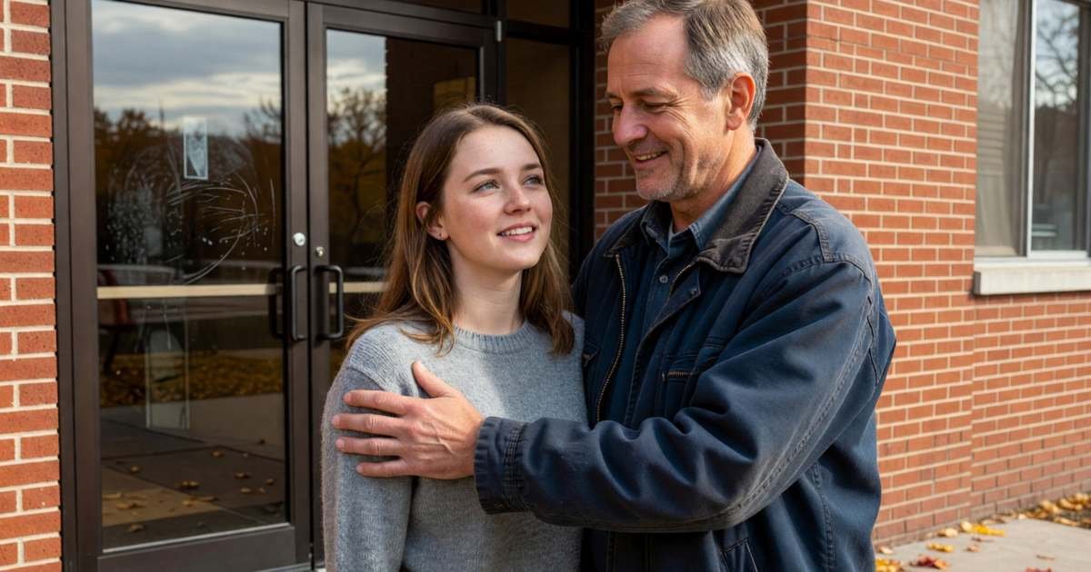 A young woman and her father standing together outside an apartment building entrance, the father with a reassuring hand on her shoulder, illustrating when landlords ask for a rent guarantor in Canada.