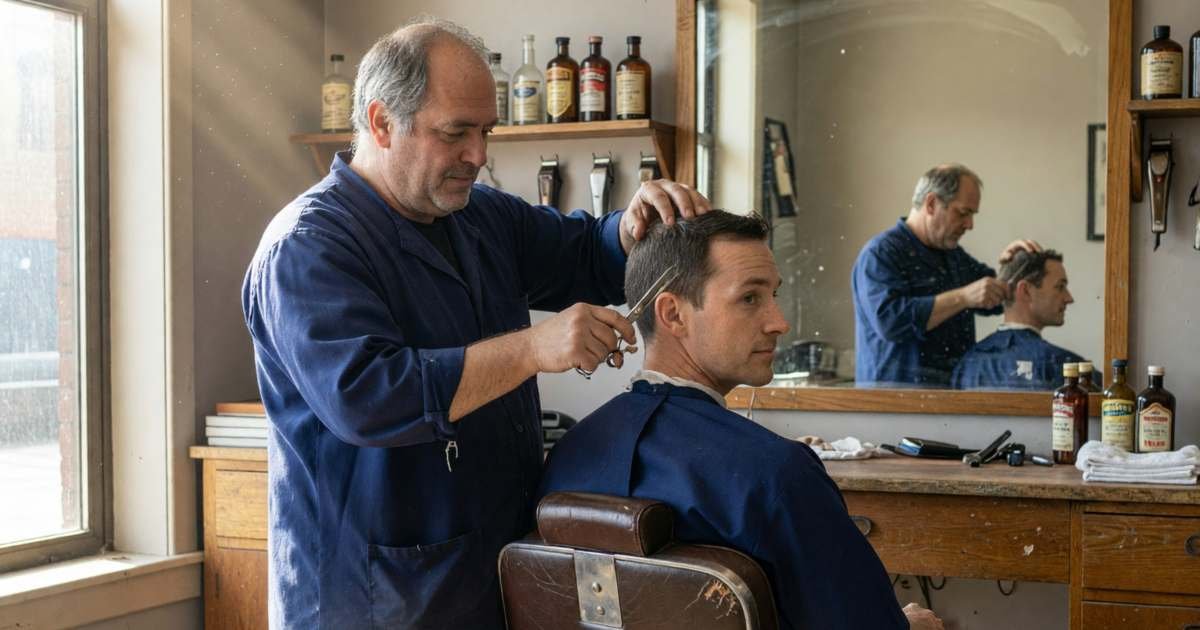 A barber giving a man a haircut in a small neighbourhood barbershop, illustrating haircut costs and stretching visits.