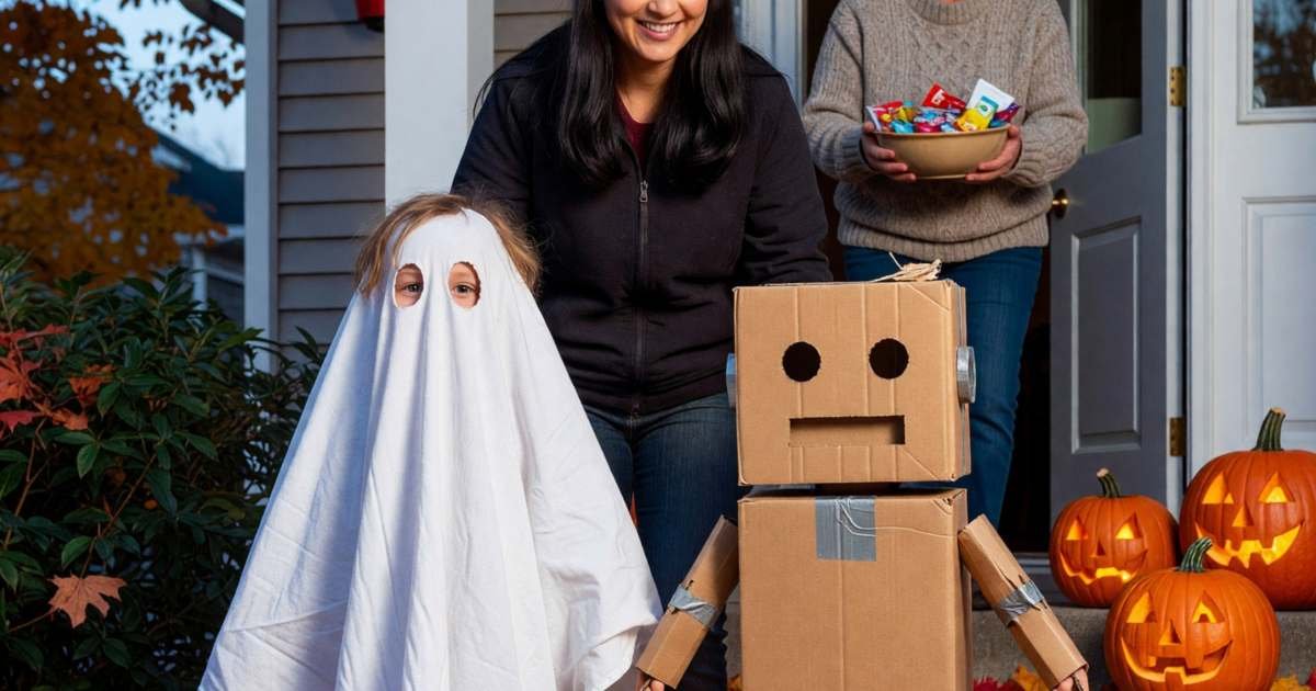 A parent and two children in simple homemade costumes, one a ghost made from a sheet and one a cardboard robot, walking up to a porch with carved pumpkins, illustrating Halloween on a budget in Canada: costumes, candy and swaps.