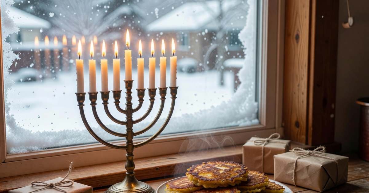 A lit menorah on a windowsill with a plate of latkes and a few small wrapped gifts, illustrating Hanukkah on a budget.