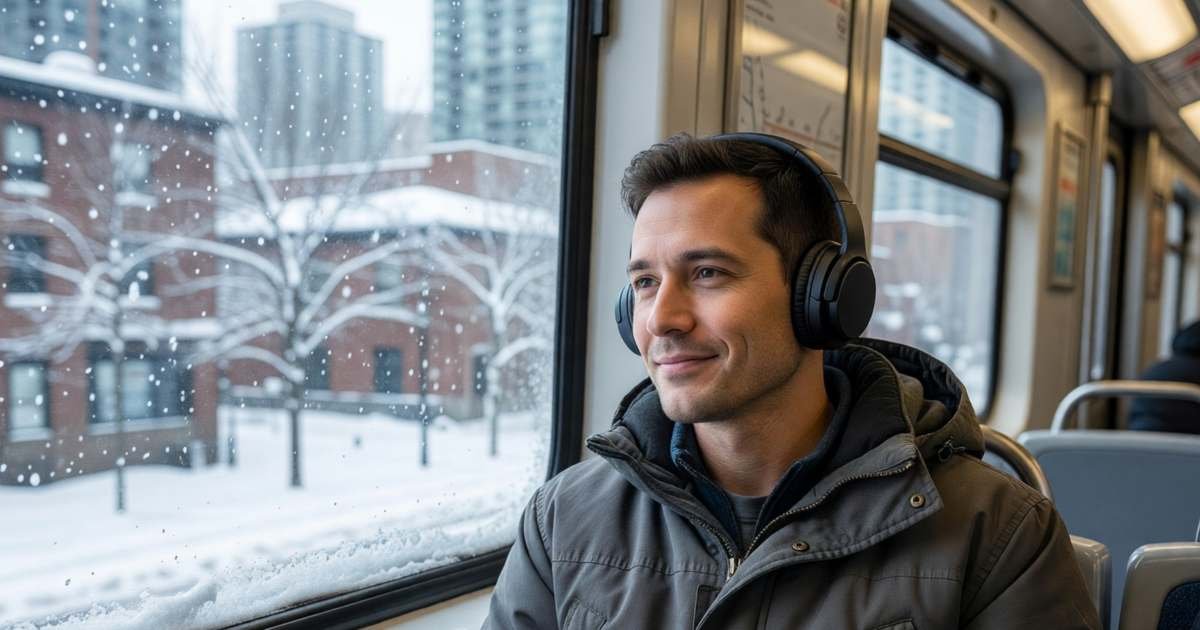 A commuter in a winter coat wearing over-ear headphones on a train, looking out the window at a snowy city with a relaxed expression, illustrating whether premium headphones and earbuds are worth it in Canada.