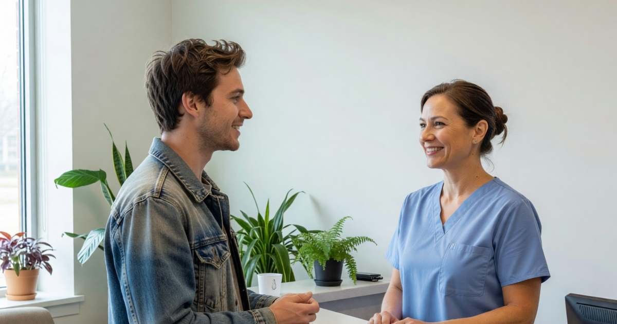 A young freelancer at a dentist's office reception, chatting with the receptionist, illustrating health and dental coverage when you have no workplace plan.