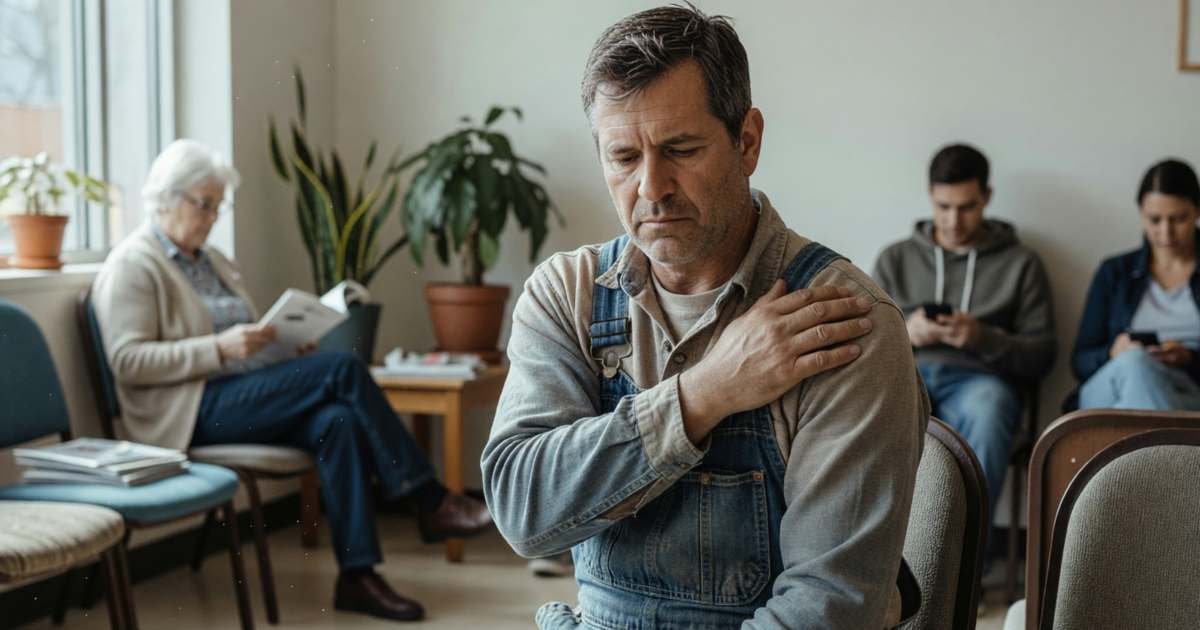 A self-employed carpenter in work clothes sitting in a physiotherapy clinic waiting area, rubbing his shoulder, illustrating health spending accounts for self-employed Canadians.