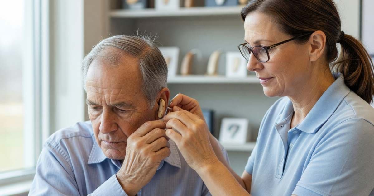 An older man trying on a hearing aid while an audiologist adjusts it at a counter, illustrating buying hearing aids at Costco versus independent clinics.