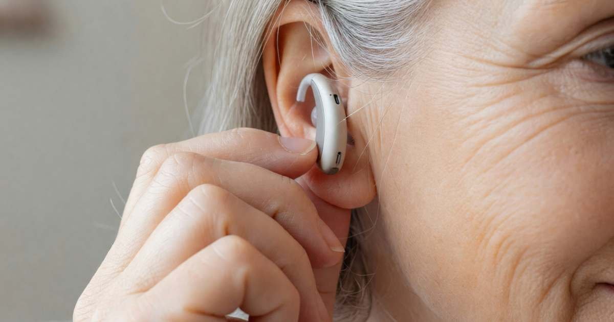 An older woman's hand holding a small modern behind-the-ear hearing aid near her ear, illustrating hearing aid costs and Ontario ADP funding.