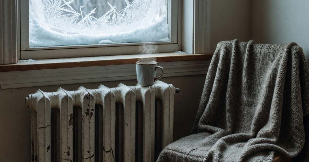 An old cast-iron radiator under a window in a rental apartment with a mug of tea on the sill, illustrating comparing heat-included and hydro-extra lease listings.