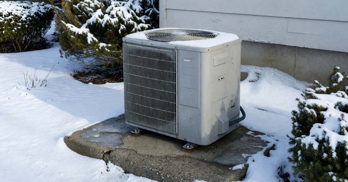 A heat pump outdoor unit on a concrete pad beside a house with snow around it, illustrating heat pump rebates by province in Canada.