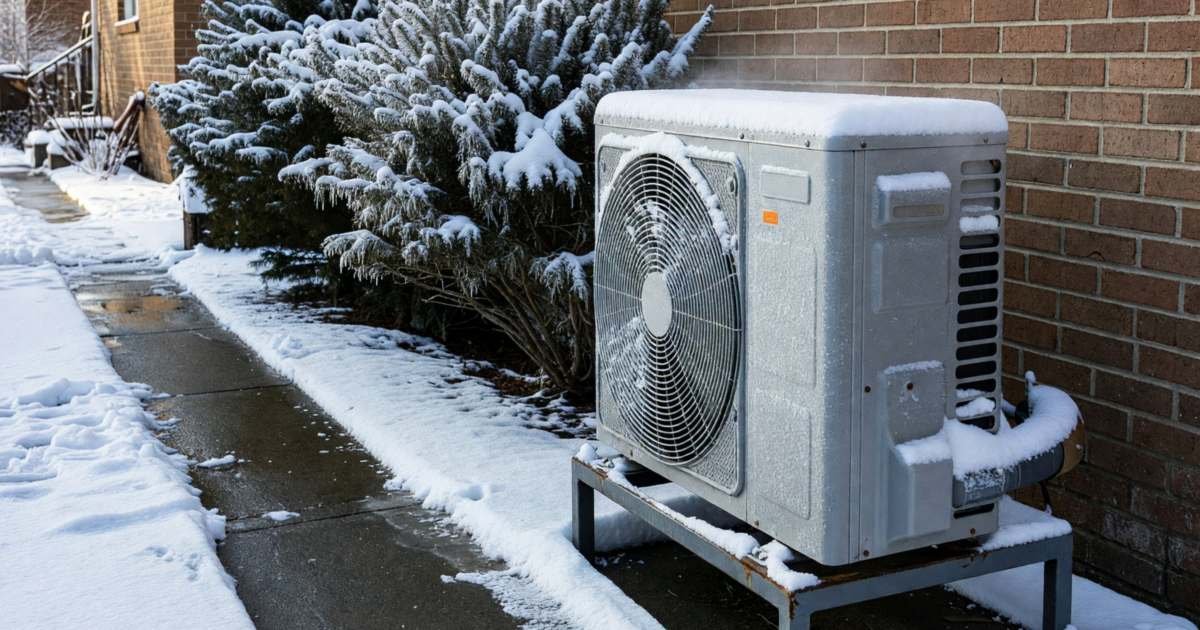 An outdoor heat pump unit on a stand beside a brick house, lightly dusted with fresh snow, illustrating heat pump vs furnace in cold-climate Canada.