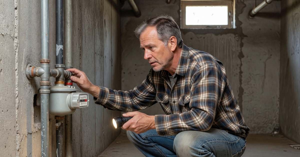 A homeowner crouched at the water meter in his basement with a flashlight, looking closely, illustrating disputing a sudden high utility bill in Canada.