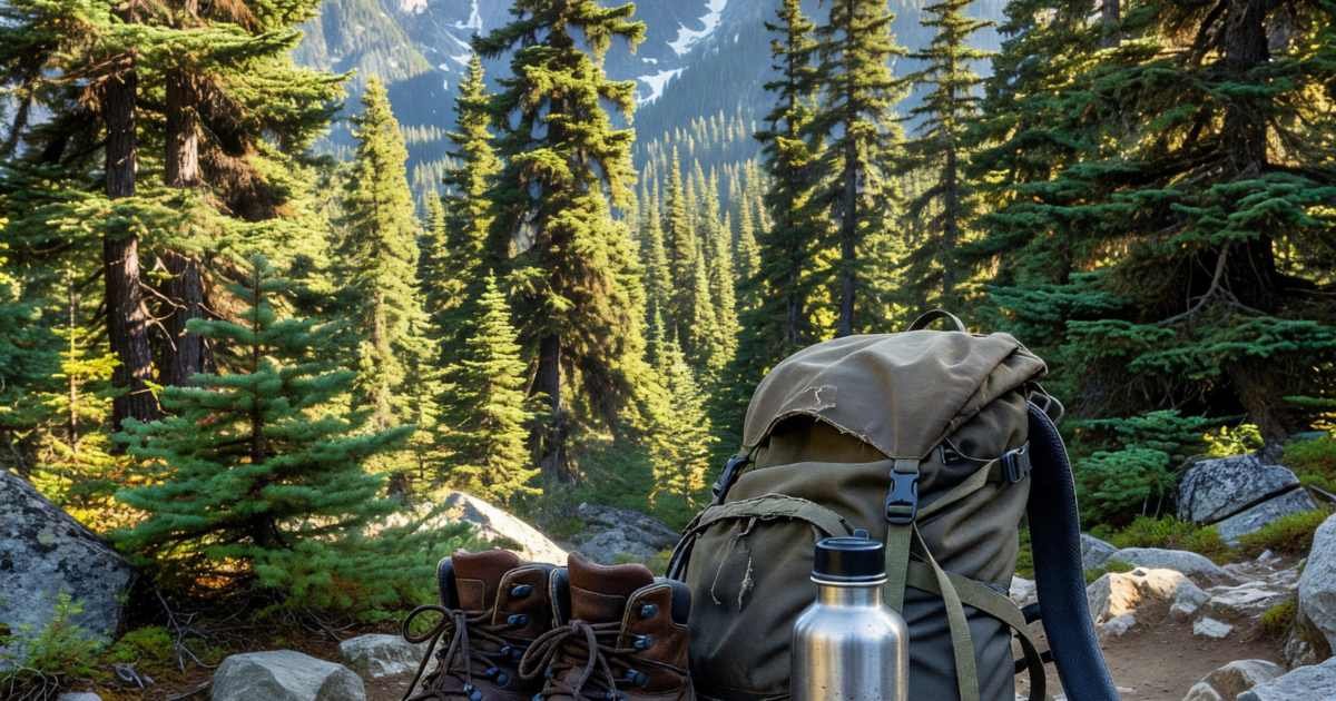 A pair of hiking boots, a daypack and a water bottle on a rock at a trailhead, illustrating hiking gear on a budget.