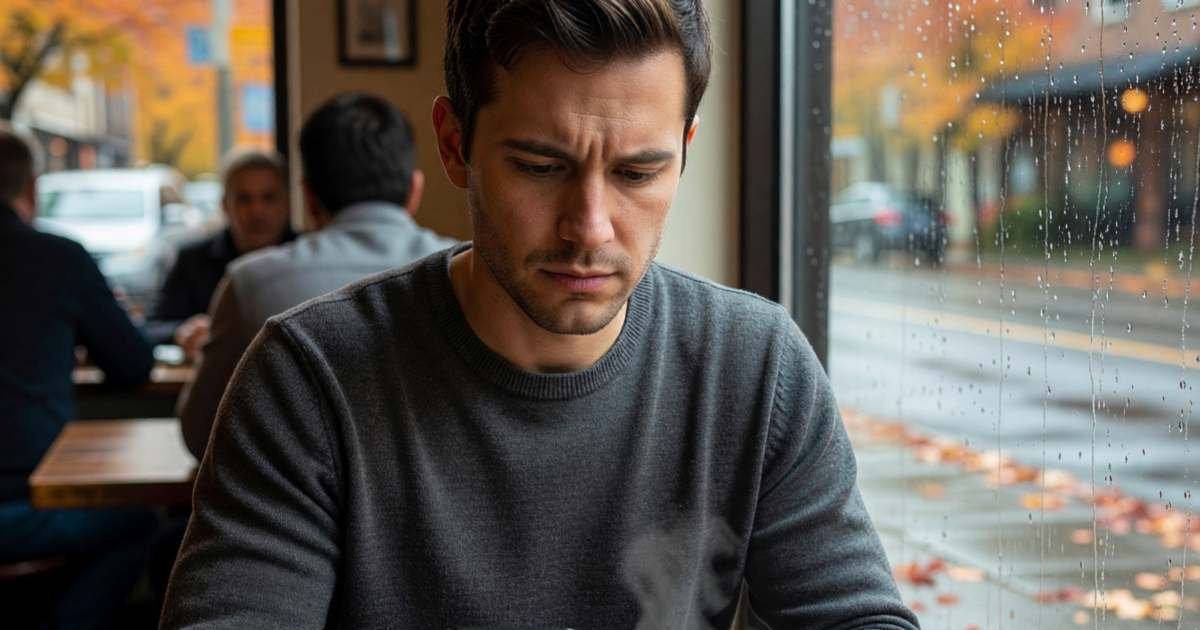 A man in his thirties at a café table frowning slightly at his phone while holding a coffee, illustrating what to do when your HISA promo rate drops in Canada.