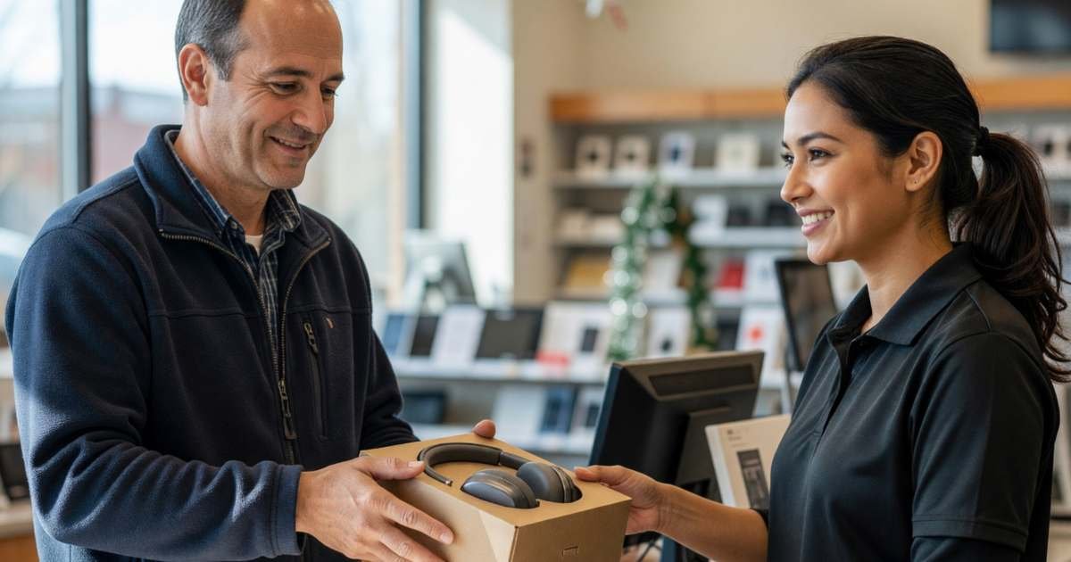 A man at an electronics store returns desk sliding an opened box with headphones back to a clerk, illustrating holiday returns on electronics in Canada.
