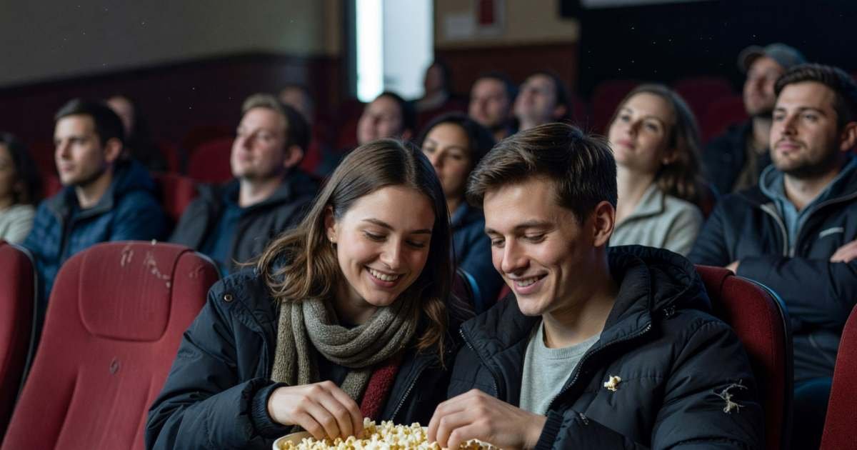 Two friends sharing a large tub of popcorn in a dark cinema, faces lit by the screen, illustrating saving on holiday movie season at the cinema in Canada.