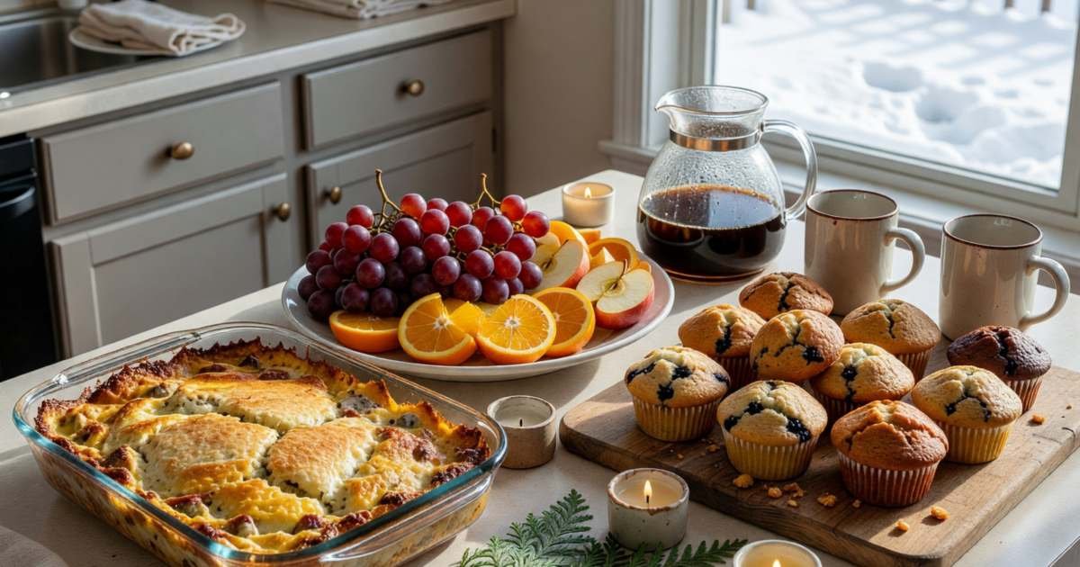 A holiday brunch buffet on a kitchen island with a breakfast casserole, a platter of fruit, muffins, a coffee carafe and mugs, illustrating a holiday open house or brunch instead of a full dinner.