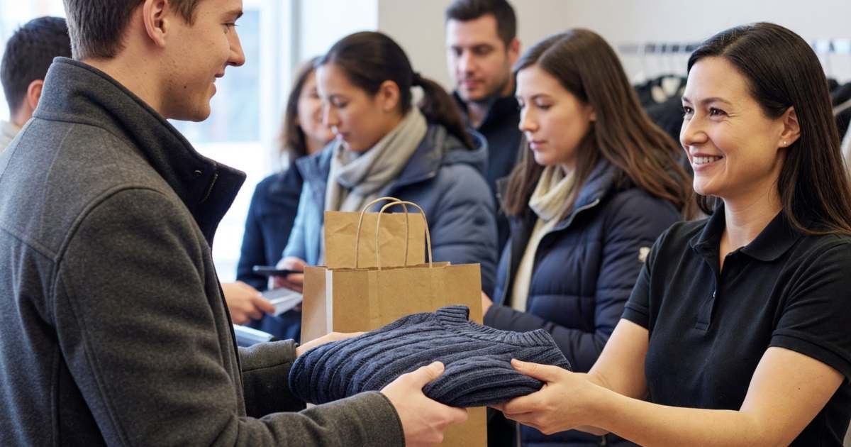 A young man at a store returns counter handing a folded knitted sweater back to a smiling cashier, illustrating holiday return windows for clothing in Canada.