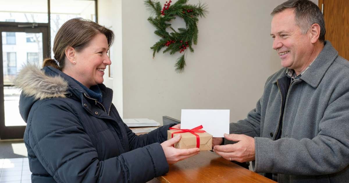 A smiling resident handing a small wrapped gift and a blank card envelope to a friendly building concierge at a lobby desk, illustrating holiday tipping in Canada for mail carriers, building staff and teachers.