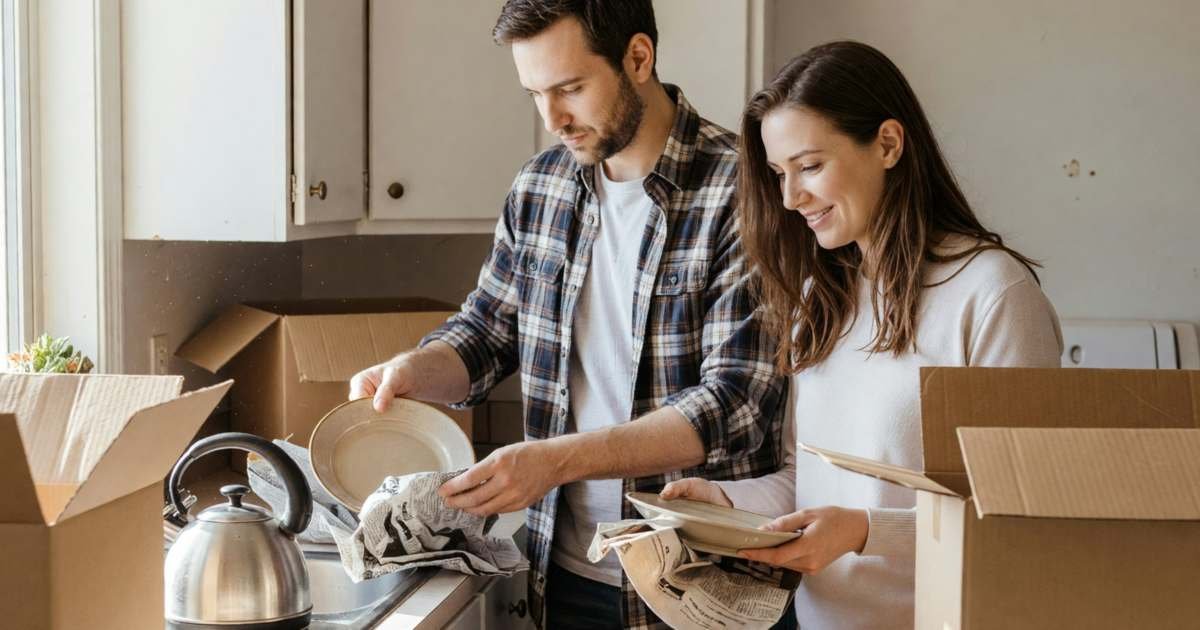 A couple in their early thirties unpacking dishes in the kitchen of their first home, illustrating using the Home Buyers' Plan RRSP withdrawal for a first home.