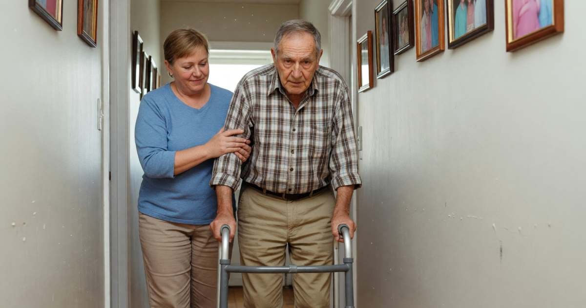 A personal support worker helping an elderly man walk down his hallway with a walker, illustrating publicly funded home care in Ontario.