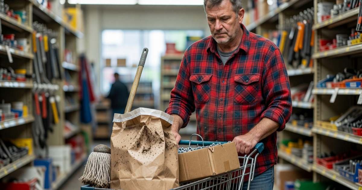A man pushing a cart with a bag of potting soil, a mop and a box of screws through a hardware store aisle, illustrating comparing Home Depot, RONA, Home Hardware and Canadian Tire.