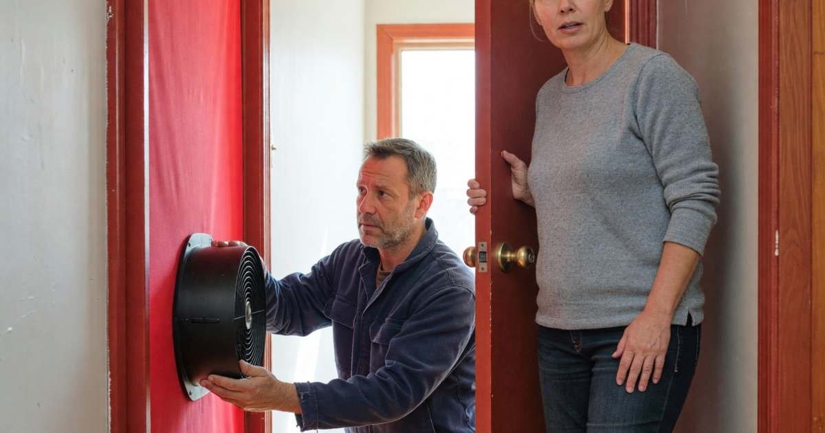 An energy auditor setting up a blower door fan in a front doorway while the homeowner holds the door, illustrating whether a home energy audit is worth it in Canada.