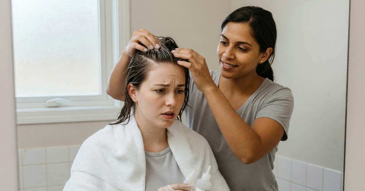 A woman applying box hair dye at her bathroom mirror with gloves on, her friend helping, illustrating home hair colour versus salon.