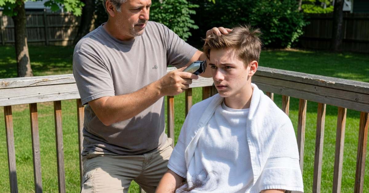 A father cutting his teenage son's hair with clippers on the back deck, illustrating cutting hair at home and clipper payback.