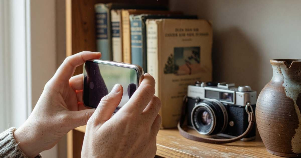 Hands photographing a shelf of belongings with a phone for a home inventory, illustrating building a home inventory for insurance claims.