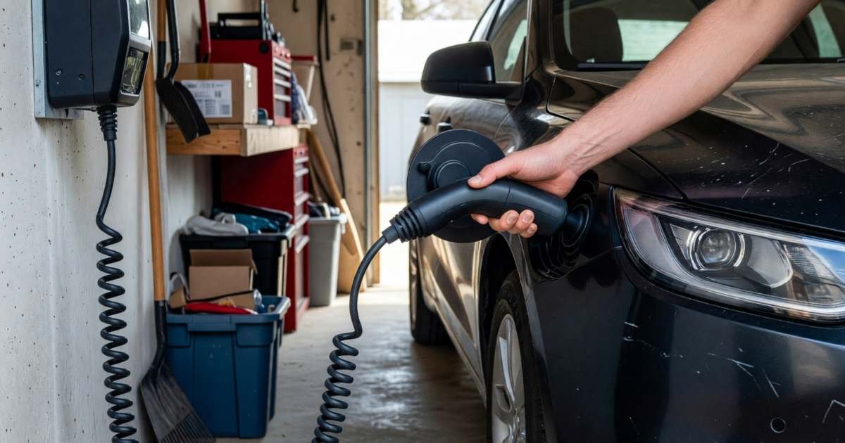 A hand plugging a charging connector into the port of an electric car parked in a garage, illustrating home Level 2 EV charger cost and rebates in Canada.