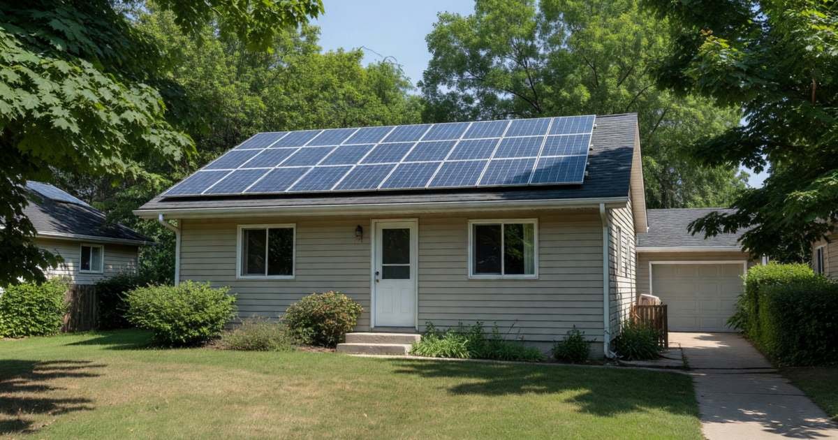 A modest suburban house with solar panels covering one side of the roof, illustrating home solar and net metering basics in Canada.