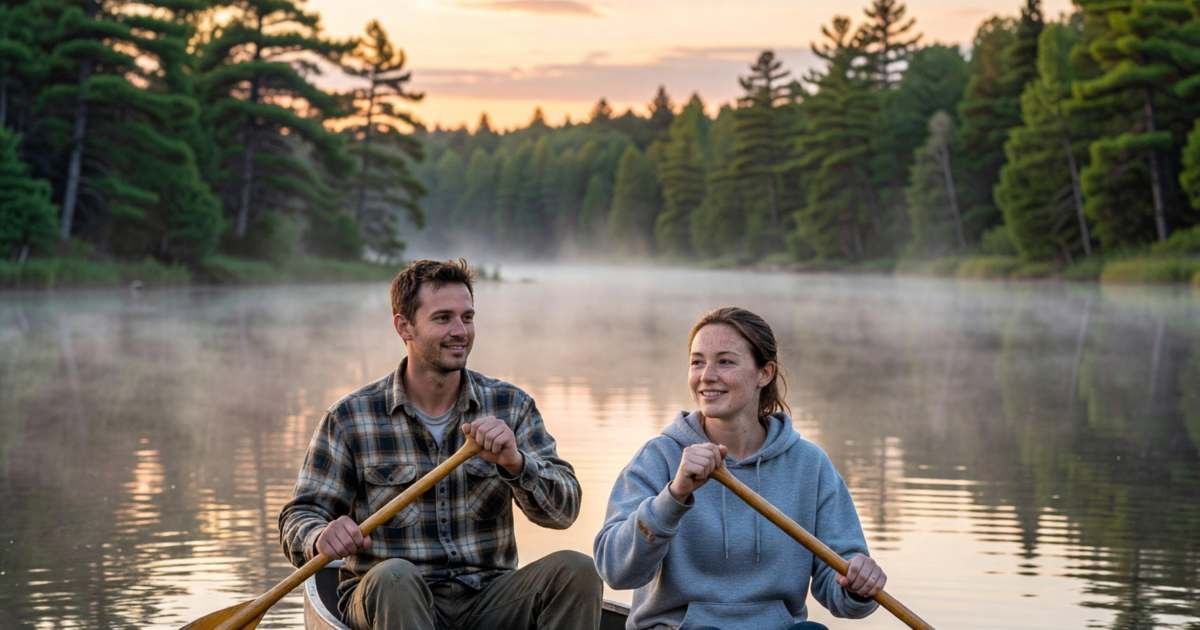 A honeymoon couple paddling a canoe on a calm lake at sunrise, illustrating a honeymoon on a budget from Canada.