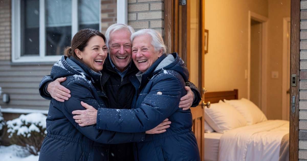 A host greeting her parents arriving with suitcases at the front door, everyone hugging and smiling, illustrating the cost of hosting holiday houseguests in Canada.