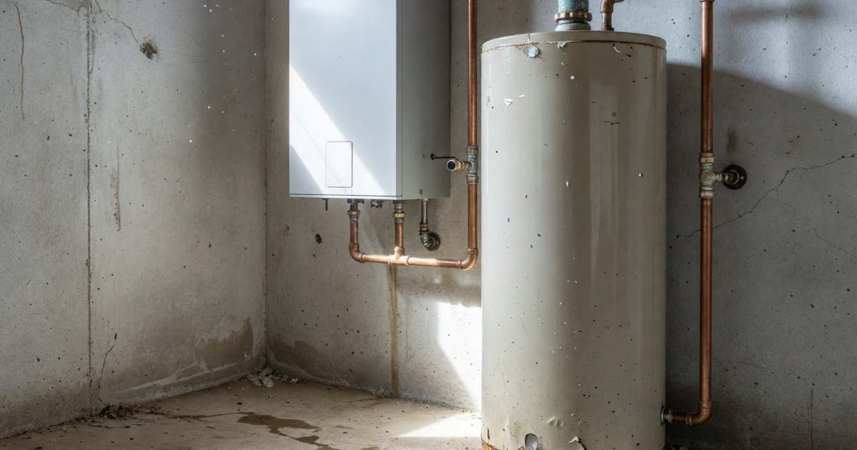 A compact tankless water heater mounted on a basement wall next to an older tank water heater, illustrating hot water tank versus tankless in Canada.
