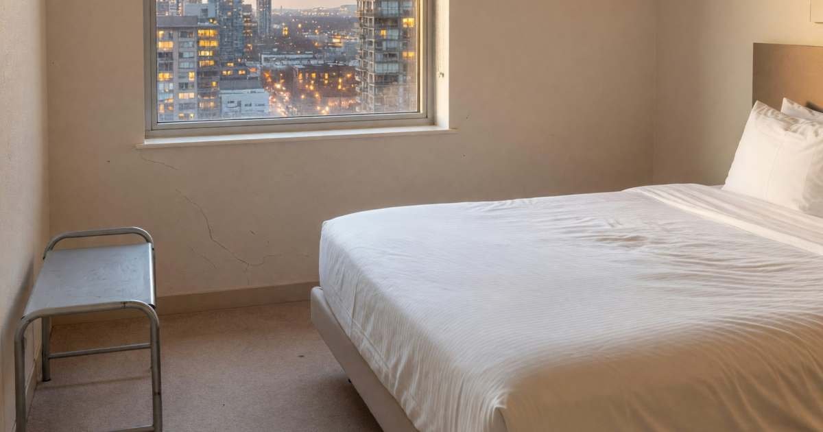 A hotel room with a made bed, a window view of the city and a small luggage rack, illustrating hotel and Airbnb taxes in Canada.
