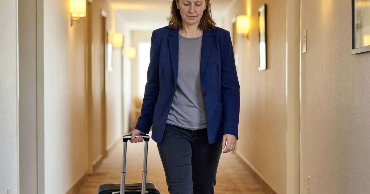 A woman in her forties walking down a hotel corridor pulling a carry-on suitcase, illustrating choosing a hotel loyalty program for leisure travel.