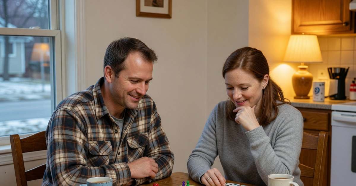 A couple playing a board game at their kitchen table with snacks, illustrating how much a household should spend on entertainment.