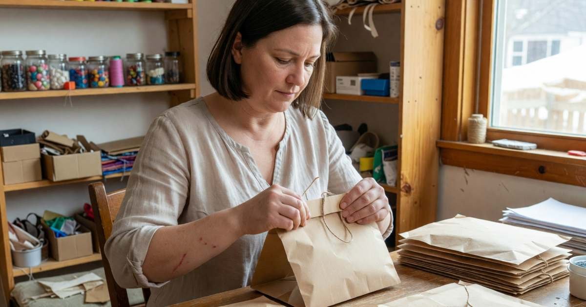 A woman running a small Etsy-style craft business, packing orders at a table in a spare room, illustrating auditing household and side-hustle software subscriptions.