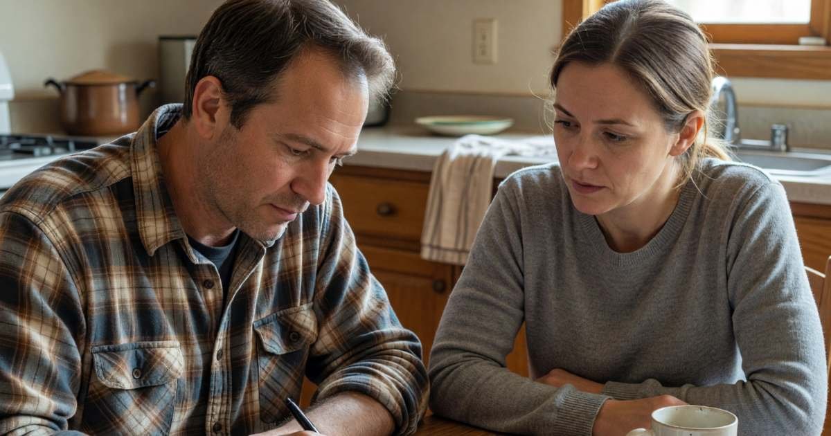 A couple at the kitchen table setting a monthly budget, the man writing in a notebook, illustrating setting a household subscription budget cap.