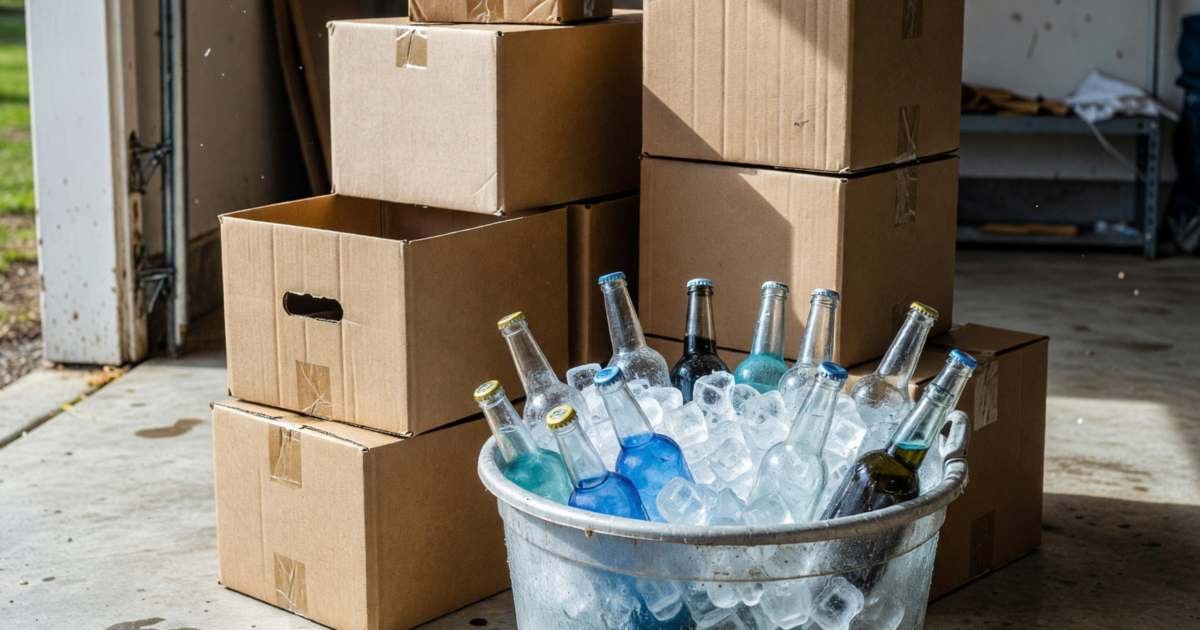 Cases of beer and wine and a tub of ice in a garage before a party, illustrating how much alcohol to buy for a party.