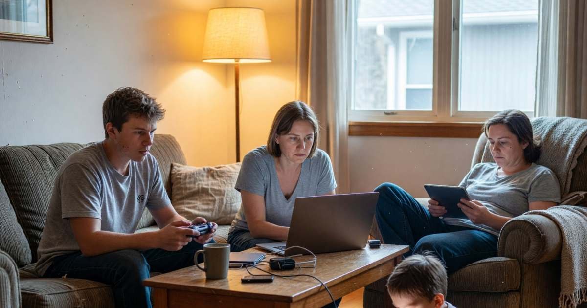 A family of four each on their own device in the living room, a teenager gaming, a parent on a video call, illustrating how much home internet speed a Canadian household needs.