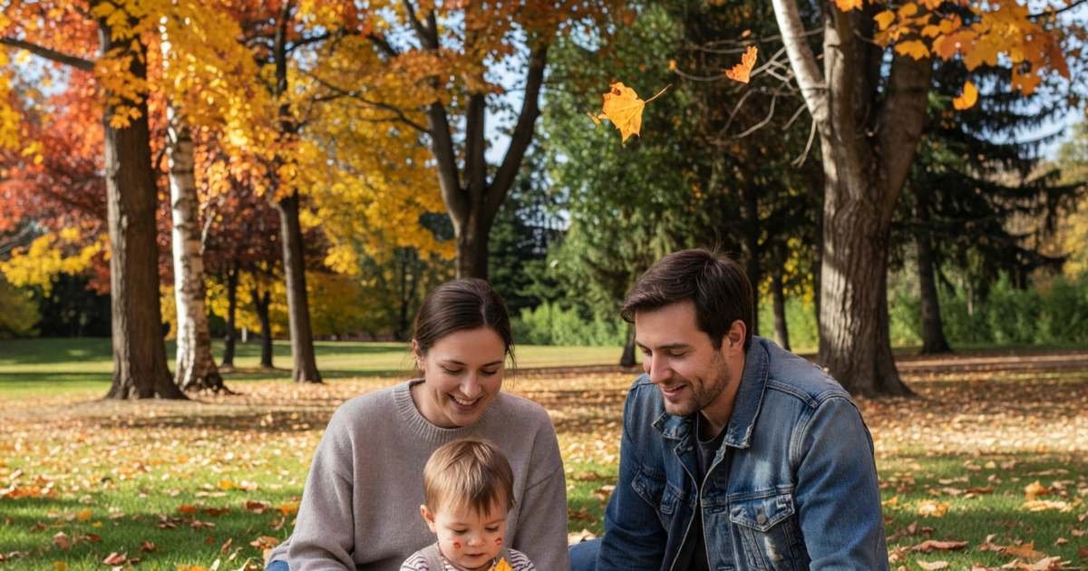 A young family of three on a picnic blanket in a park, parents watching their toddler, illustrating how much life insurance a Canadian household needs.