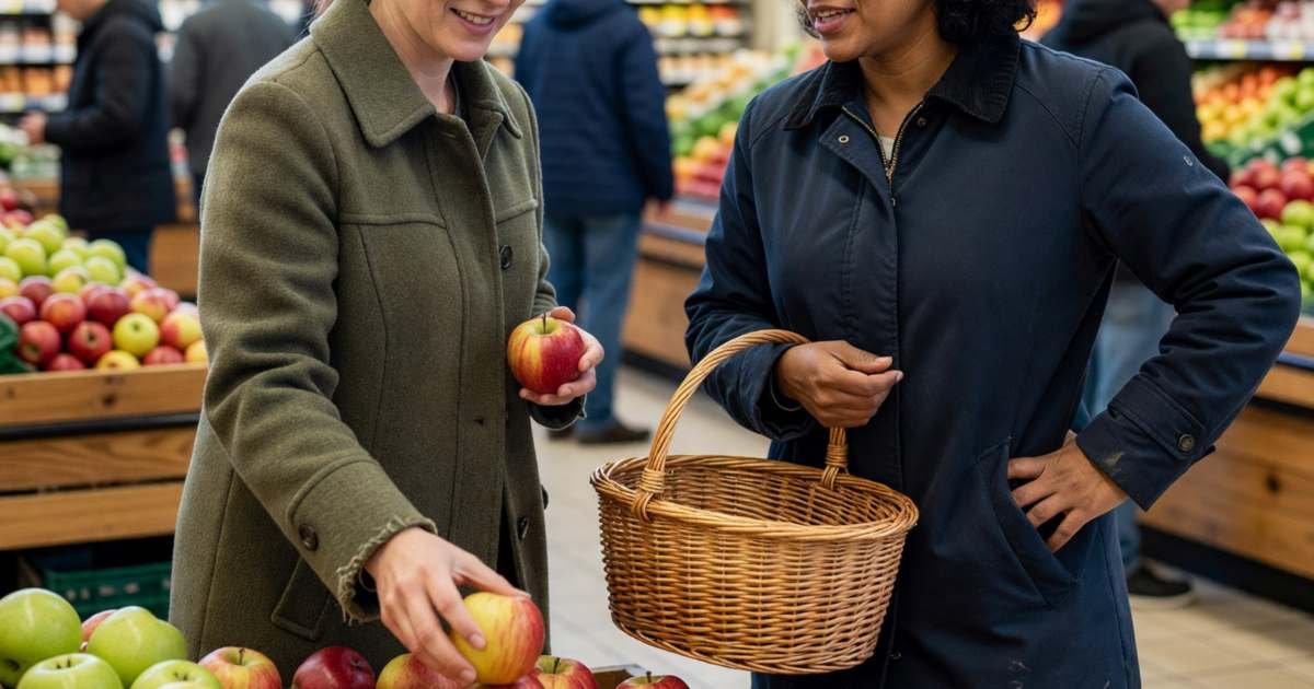 A woman choosing apples from a produce display in a busy grocery store, her friend holding the basket, illustrating how Quebec shoppers save at Maxi, Super C and with Moi.
