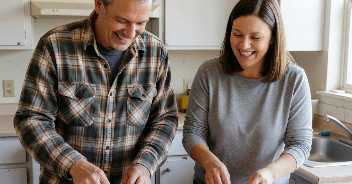 Two neighbours splitting a bulk pack of chicken and a big bag of carrots on a kitchen counter into two piles, illustrating buying Costco bulk without creating food waste.