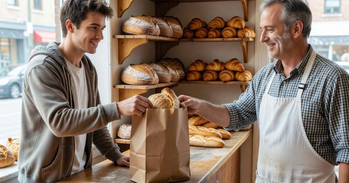 A young man collecting a paper surprise bag of bakery items from a smiling baker over a bakery counter, illustrating making Too Good To Go worth it in Canada.