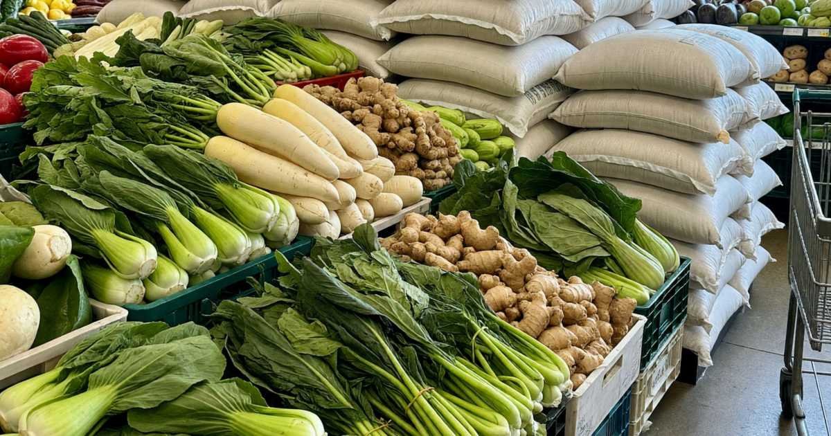 An Asian grocery produce section with bok choy, gai lan, daikon, ginger and stacks of large rice sacks, illustrating saving on staples at Asian grocers in Canada.